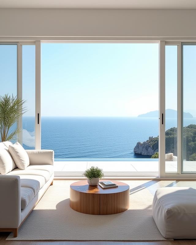 Interno elegante di una villa mediterranea arredata con colori marini chiari e legno naturale scuro, con vista sul mare.