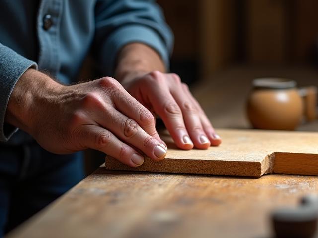 Mani di artigiano che lavorano con strumenti tradizionali su legno pregiato in una bottega luminosa