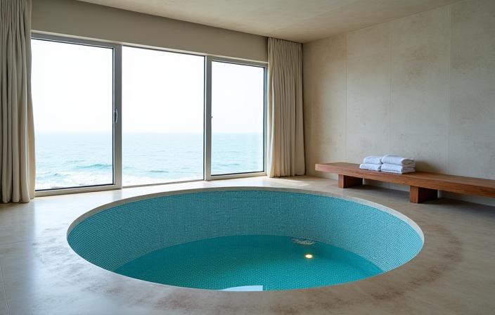 Area relax di un resort spa con vasca idromassaggio e piastrelle azzurre che ricordano il mare