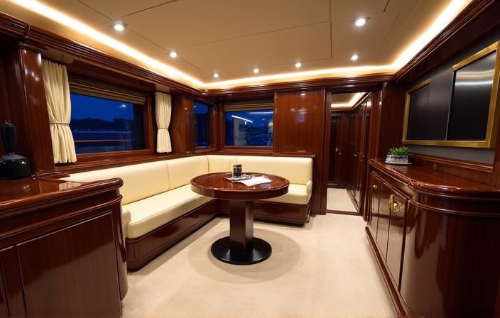 Cabina di lusso di uno yacht con finiture in legno pregiato e ottone