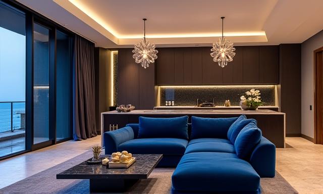 Soggiorno moderno in un attico a Napoli con divani blu intenso e lampade di design in vetro soffiato.