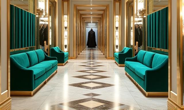 Interno di boutique di moda a Roma, con pavimento a mosaico, teche illuminate e sedute in velluto verde acqua.