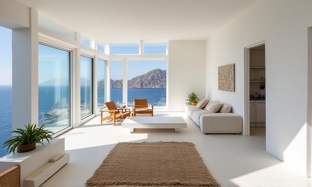 Loft moderno a Ischia con finestre a tutta altezza, pareti calce bianca, e un tappeto in fibra naturale su misura.