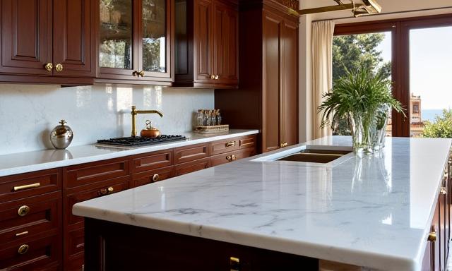 Cucina su misura in una residenza storica di Sorrento, legno scuro, marmo di Carrara e dettagli in ottone.