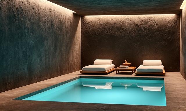 Area relax di lussuosa spa a Capri, con pareti di pietra lavica, piscina coperta e arredi in bambù tropicale.