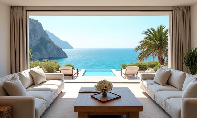 Interno di lussuosa villa a Positano con vista mare, arredi in lino bianco e legno chiaro.