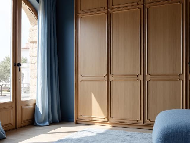 Interno elegante con armadio a muro in legno curvato e dettagli in ottone, che riflette i colori blu e sabbia del Mediterraneo.