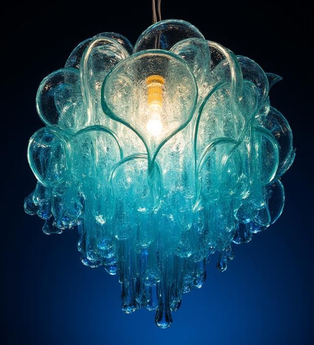 Lampadario in vetro soffiato di Murano, a forma di medusa o alga marina, con luce calda e diffusa.
